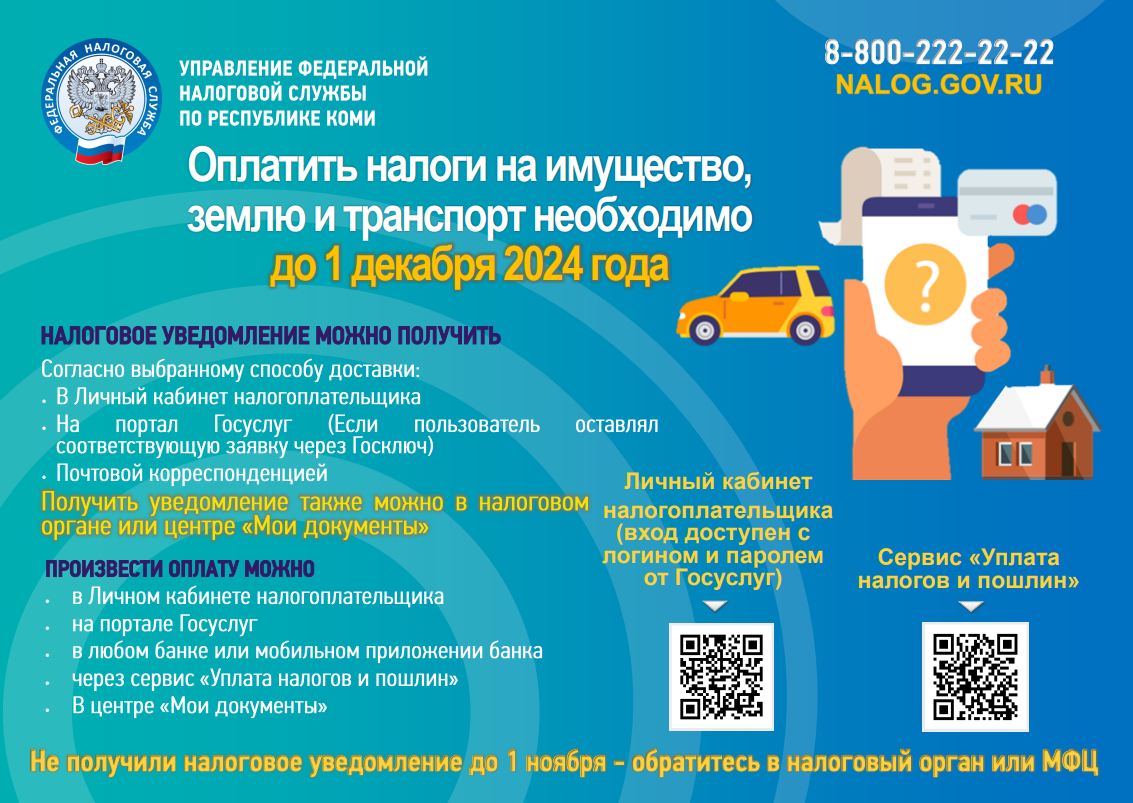 Срок уплаты налогов- до 1 декабря 2024 года.