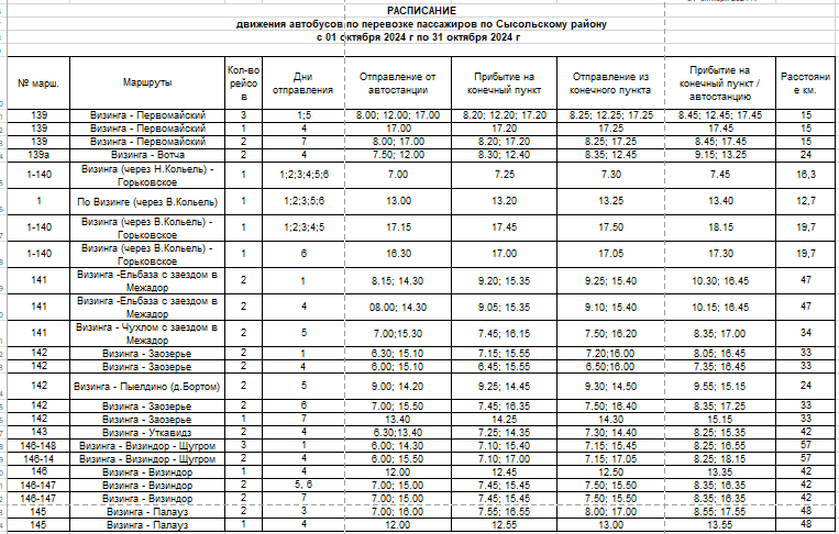 Расписание районных автобусов с 1 октября по 31 октября 2024 года.