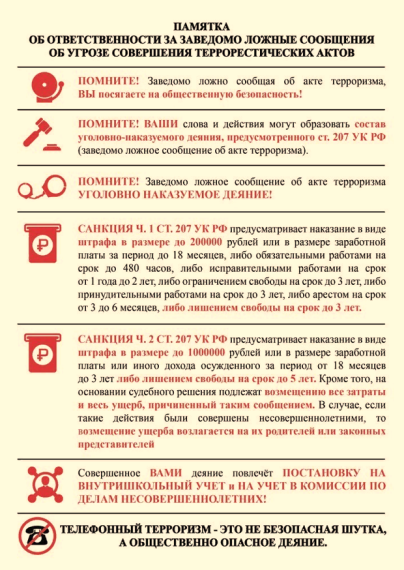 Памятка об ответственности за заведомо ложные сообщения об угрозе совершения террористических актов. Памятка об ответственности за заведомо ложные сообщения об угрозе совершения террористических актов.